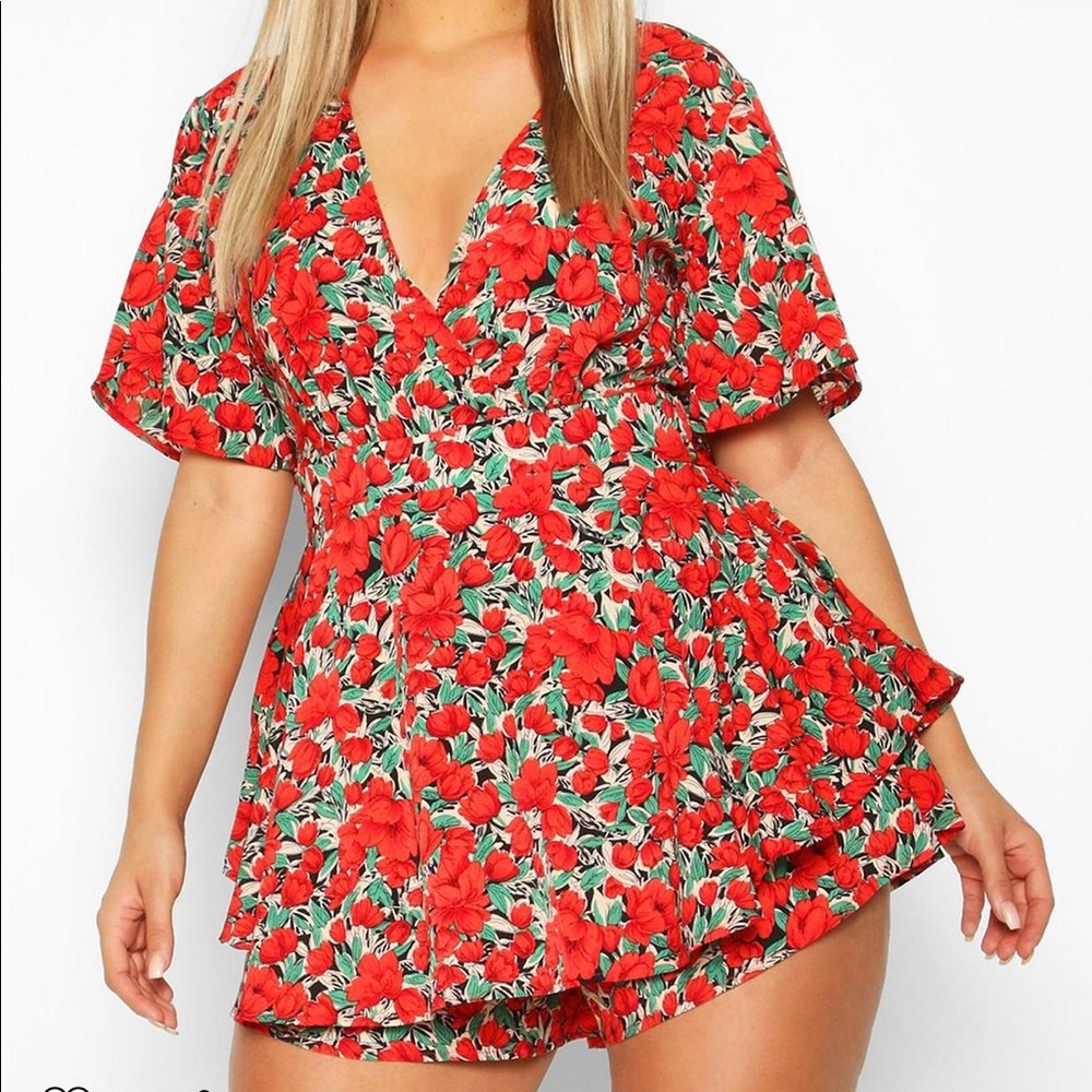 Red floral romper